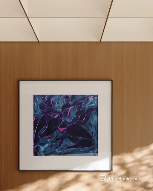Abstract Figure Painting Featuring Black Silhouette Figures In Purple Blue Tones On Wooden Wall 3d model 