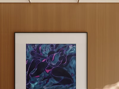 Abstract Figure Painting Featuring Black Silhouette Figures In Purple Blue Tones On Wooden Wall 3d model