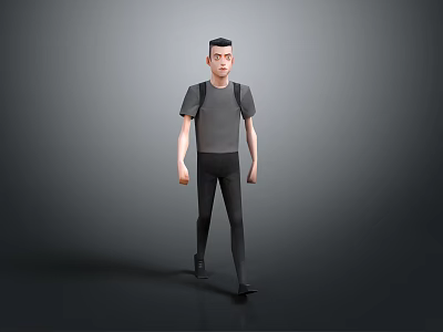 3D Game Movie Character Male Walking With Gray T Shirt Black Pants And Backpack 3d model