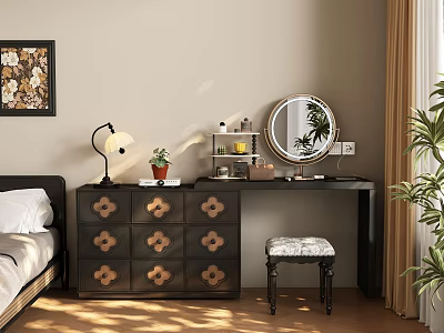 Stylish Bedroom Dressing Table With Floral Drawers Round Mirror Table Lamp And Stool 3d model
