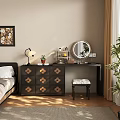 Stylish Bedroom Dressing Table With Floral Drawers Round Mirror Table Lamp And Stool