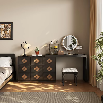 Stylish Bedroom Dressing Table With Floral Drawers Round Mirror Table Lamp And Stool 3d model