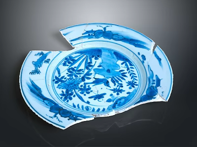 Carved Blue And White Ceramic Fragment Featuring Intricate Floral And Bird Patterns 3d model
