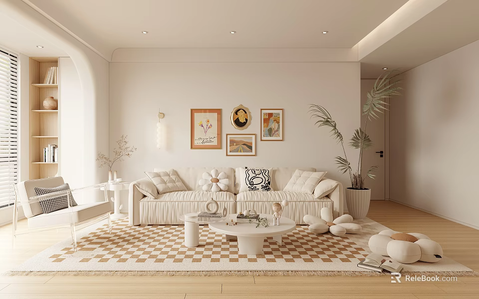Bright Beige Living Room Interior With Decorative Paintings Geometric Rug And Green Plant 3d model 