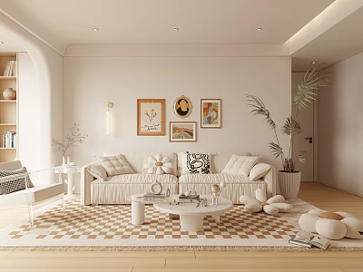 Bright Beige Living Room Interior With Decorative Paintings Geometric Rug And Green Plant 3d model