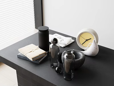 Decorative Ornament Set With Black Canister Books Transparent Bottles Black Bowl White Clock On Table 3d model