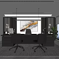 Modern Office Interior Design With Large Desk Black Chairs Decorative Painting Plant And Recessed Lighting