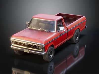 Vintage Red Pickup Truck With Shiny Exterior And Open Bed On Reflective Surface 3d model