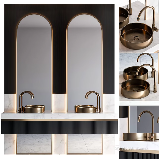 Elegant Bathroom Vanity With Double Gold Sinks Arched Mirrors And Marble Countertop 3d model 