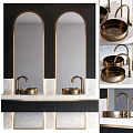 Elegant Bathroom Vanity With Double Gold Sinks Arched Mirrors And Marble Countertop