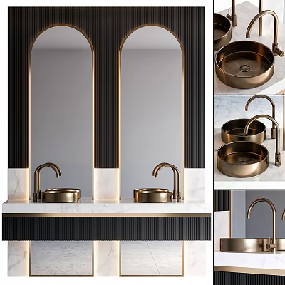 Elegant Bathroom Vanity With Double Gold Sinks Arched Mirrors And Marble Countertop 3d model