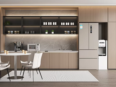 Modern Break Room Interior With Marble Countertop Shelves Coffee Machine Dining Table And Chairs 3d model