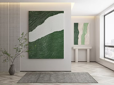 Modern Interior With Green White Abstract Paintings Gray Rug And Potted Plant 3d model