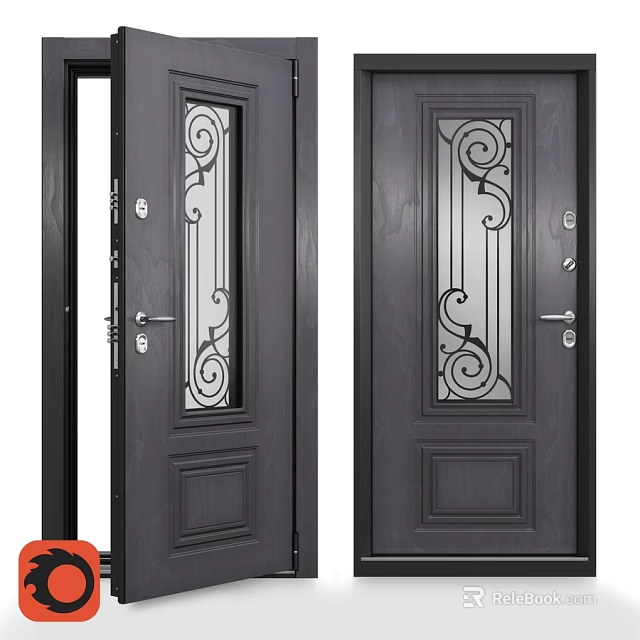 Elegant Swing Door With Glass Panel And Decorative Scroll Patterns Dark Finish Design 3d model 