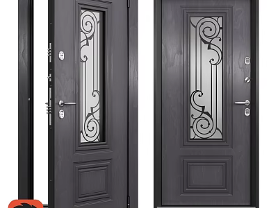Elegant Swing Door With Glass Panel And Decorative Scroll Patterns Dark Finish Design 3d model