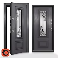 Elegant Swing Door With Glass Panel And Decorative Scroll Patterns Dark Finish Design