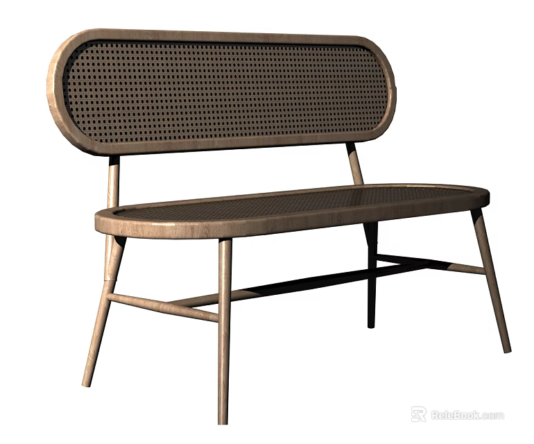 Modern Bench Style Dining Chair With Woven Rattan Backrest And Metal Frame Design 3d model 
