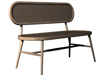 Modern Bench Style Dining Chair With Woven Rattan Backrest And Metal Frame Design 3d model