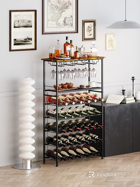 Elegant Wine Cabinet With Metal Frame Multiple Shelves Wine Bottles And Glassware 3d model 