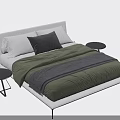 Modern Double Bed with Beige Headboard Green Black Bedding and Side Table 3d model