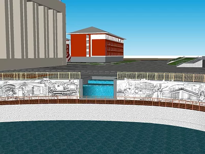 Red Multi Story Building With Circular Pool And Surrounding Structures Under Blue Sky 3d model