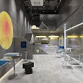 Modern Industrial Milk Tea Shop Interior With Gray Concrete Walls Blue Fabric And Pendant Lights