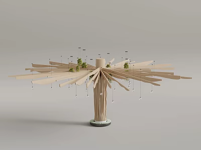 Abstract Wooden Sculpture With Spiral Branches And Hanging Lights 3d model