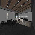 Modern Hotel Public Lounge Area With Wooden Ceiling Gray Walls And Comfortable Seating