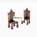 Wooden Chairs with Gothic Pointed Backrest Green Upholstered Seat and Carved Legs Design