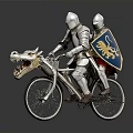 Medieval Knights Riding Dragon Shaped Bicycle With Blue Lion Emblem Shield