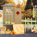 Harvest Themed Photo Check In Spot With Thatched Pavilion Red Lanterns Corn Strings And Pumpkins