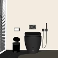 Modern Black Toilet in Bathroom with Silver Trash Bin Black Control Panel and White Blinds