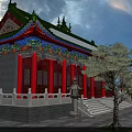 Traditional Chinese Ancient Architecture With Red Pillars Green Roof Carved Eaves And Stone Incense Burner