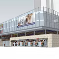 Modern Commercial Complex Exterior With Glass Facade Large Billboard And Pedestrians