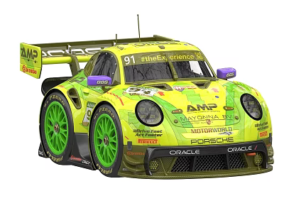 Yellow Green Porsche Number 91 Racing Car With Michelin Logo And Rear Wing 3d model