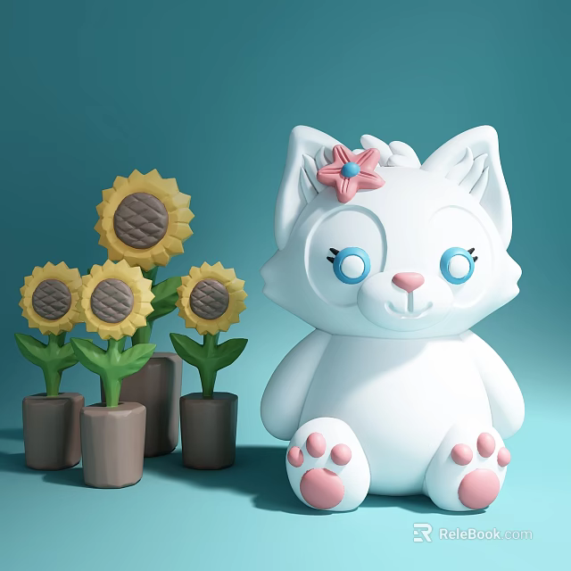 White Cat Doll With Blue Eyes Pink Flower And Paws Surrounded By Sunflower Potted Plants 3d model 
