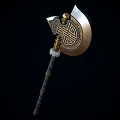 Medieval Battle Axe With Golden Head Intricate Patterns Gray Handle And Decorative Metal Rings