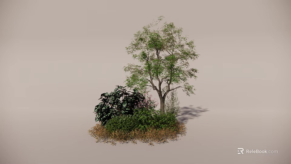Tall Arbor with Lush Green Shrubs and Grass on Light Gray Background 3d model 