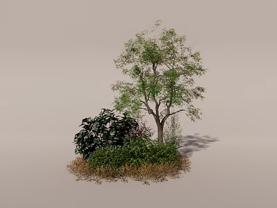 Tall Arbor with Lush Green Shrubs and Grass on Light Gray Background 3d model