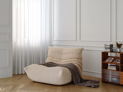 Beige Bean Bag Chair In Cozy Living Room With Wooden Floor White Curtains Sunlight And Bookshelf 3d model