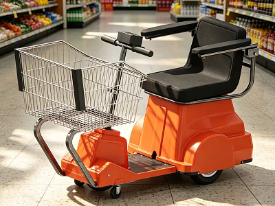 Orange Functional Shopping Cart With Black Seat Armrest And Metal Basket 3d model