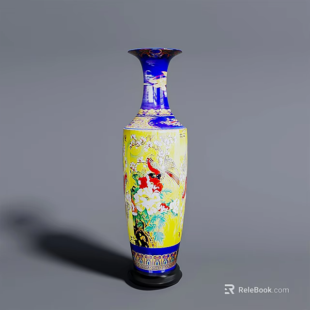 Traditional Chinese Ceramic Vase in Blue and Yellow with Bird and Flower Designs 3d model 