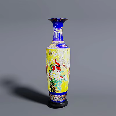 Traditional Chinese Ceramic Vase in Blue and Yellow with Bird and Flower Designs 3d model