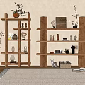 Wooden Antique Display Shelves With Decorative Vases Cat And Open Book On Rug