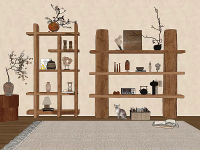 Wooden Antique Display Shelves With Decorative Vases Cat And Open Book On Rug 3d model