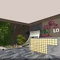 Hotel Lobby Interior Featuring Green Vertical Plant Wall Red Floral Decoration Logo And Marble Floor