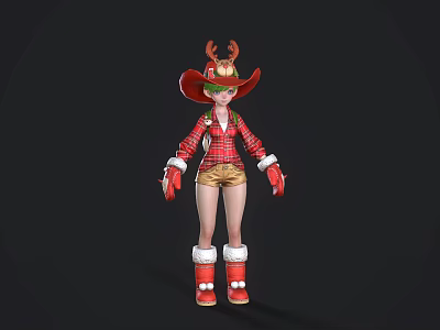Woman in Festive Christmas Outfit with Reindeer Antler Hat Red Plaid Coat and Golden Shorts 3d model