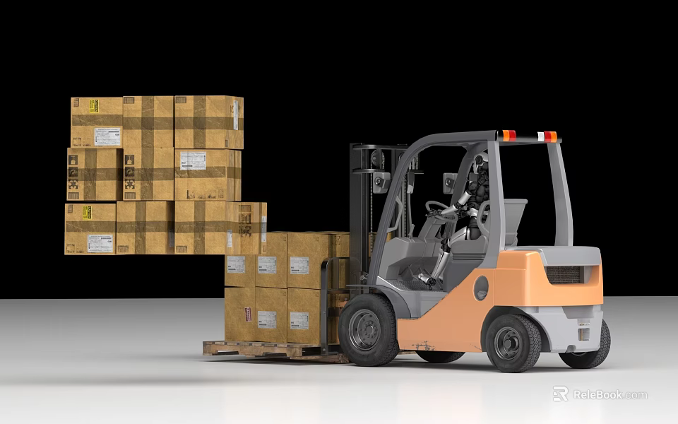 Industrial Forklift Transporting Multiple Stacked Cardboard Boxes In Logistics Operation 3d model 