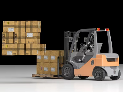 Industrial Forklift Transporting Multiple Stacked Cardboard Boxes In Logistics Operation 3d model