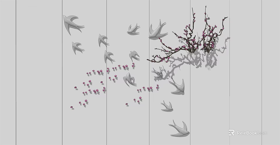 Elegant Wall Decor With Silver Birds And Pink Flower Branch On Gray Background 3d model 